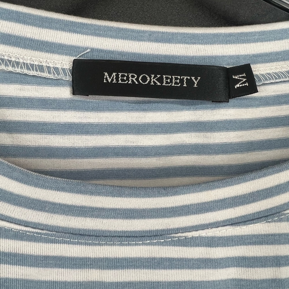 Merokeety blue and white tie waist striped short sleeve dress with pockets M - Picture 6 of 10